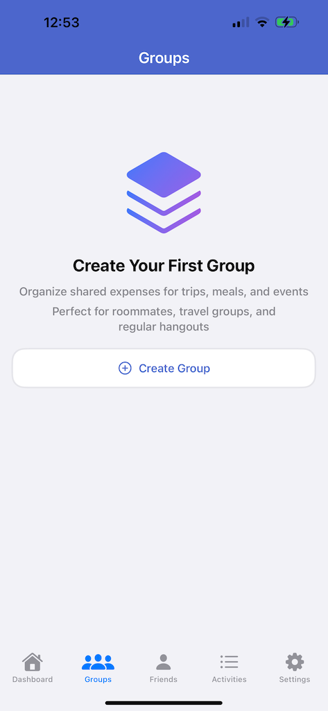Create your first group screen for organizing shared expenses and group bills