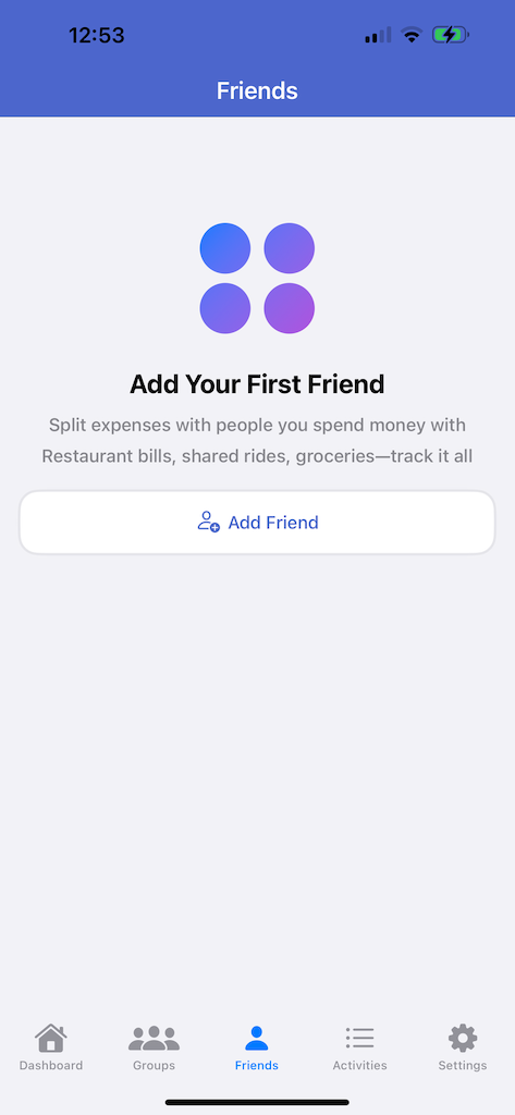Add your first friend screen for splitting personal expenses and bills