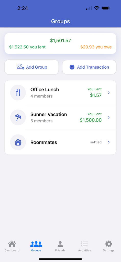 Group member balances showing who owes money and settlement options