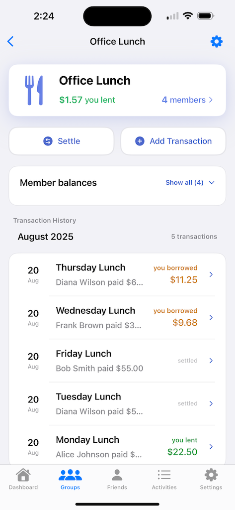Office lunch group showing transaction history and member balances