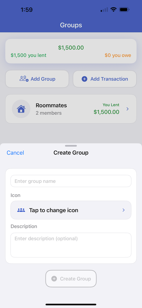 Detailed transaction view showing expense breakdown and participant shares