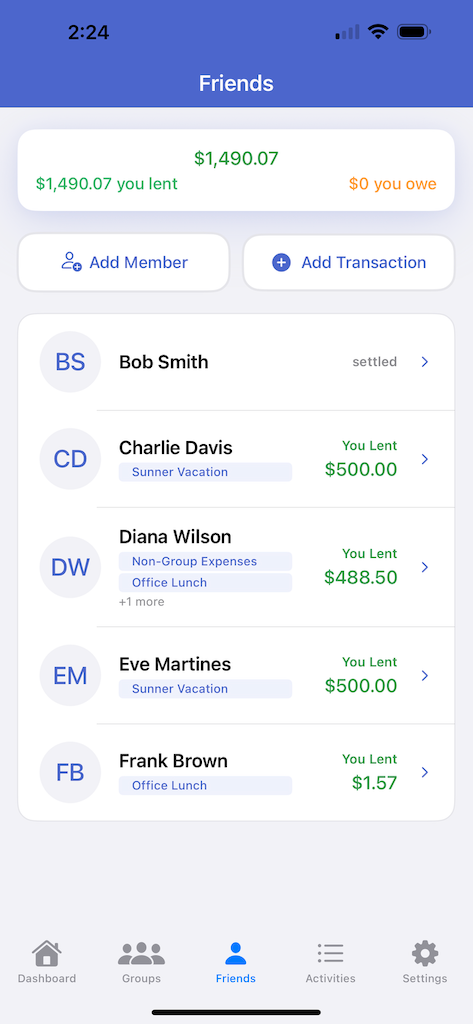 Friends balance overview showing total amounts across all groups