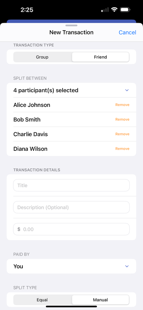 Add new transaction screen with expense splitting options