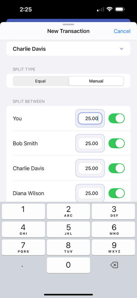 Manual split with custom amounts and individual participant control