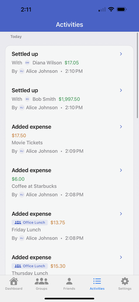 Activity log with complete transaction history and expense tracking