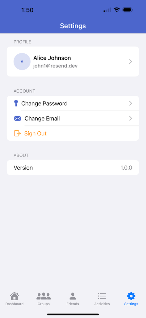 User management screen for profile and account settings