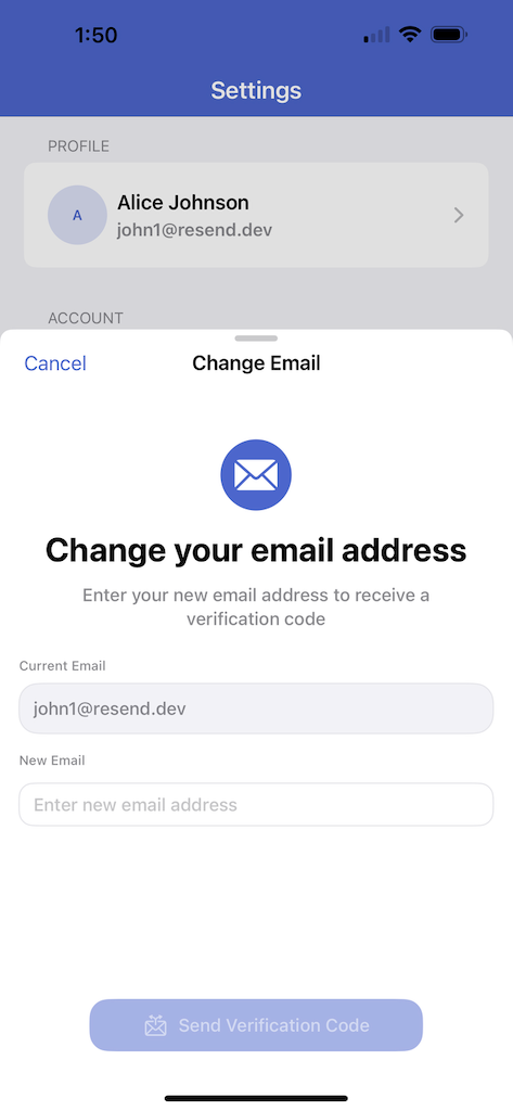 Change email screen for account management